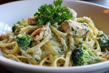 Chicken Alfredo With Broccoli. Creamy Pasta with Chicken, Broccoli in Olive Oil Sauce