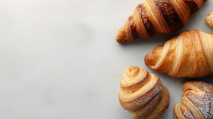 Fresh croissants with powdered sugar on light background