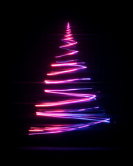 Neon spiral Christmas tree of glowing pink and purple light
