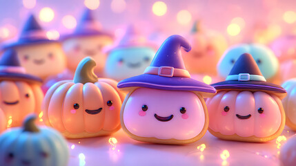 Kawaii Pumpkin Shaped Cookies Wearing Various Cartoon Halloween Hats