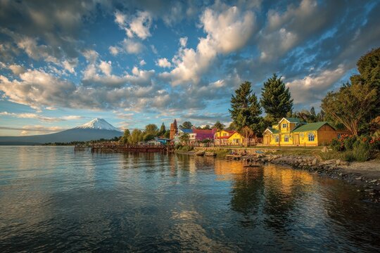 Chile Lake District: Sunset over Puerto Octay, Llanquihue Lake - City Landscape and Volcano View