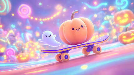 Kawaii Pumpkin Shaped Skateboard With A Small Ghost Gliding On Top