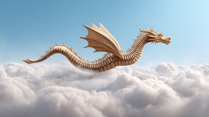 Fototapeta premium A majestic dragon glides gracefully through fluffy clouds, its intricate scales and wings catching the sunlight in a fantastical sky.