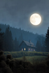 Cabin in the Woods Under the Full Moon