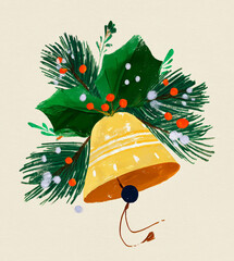 Yellow Christmas bell decorated with holly leaves, pine branches, white and red berries, Christmas decor element, holiday card