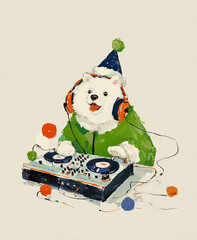 Cute white dog in a festive hat, headphones and garland at a DJ mixer. Illustration for invitation cards, posters, and holiday prints