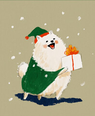 Cute dog white spitz in a Santa hat holding a wrapped gift box. Festive illustration perfect for Christmas cards, posters, and holiday prints.