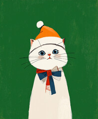 Portrait of cute cat in a Santa hat with bow tie on green background. Festive illustration perfect for Christmas cards, posters, and holiday prints.