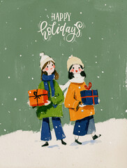 Two cheerful teenage girls outside with gifts in their hands and the inscription Happy Holidays! Postcard in the style of a paint drawing