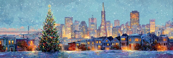 Christmas In San Francisco. Festive Skyline with Snow and Christmas Tree