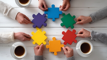 Hands holding colourful puzzle pieces symbolising teamwork and collaboration