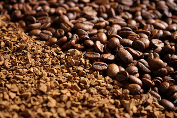 Close up of instant coffee background and  roasted coffee beans background.