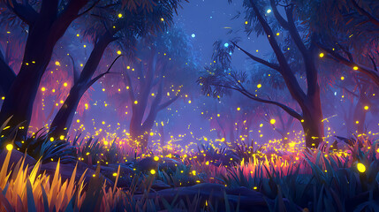 Cute Sparkling Fireflies Dotted On Trees And Grass In The Forest Night