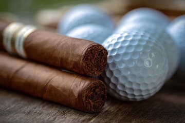 Cigars And Golf. Detail of Cuban Cigars on Golf Balls for Elegant Desk Setup