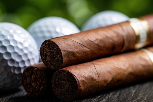 Cigars And Golf. Detail of Cuban Cigars on Golf Balls for Elegance and Activity