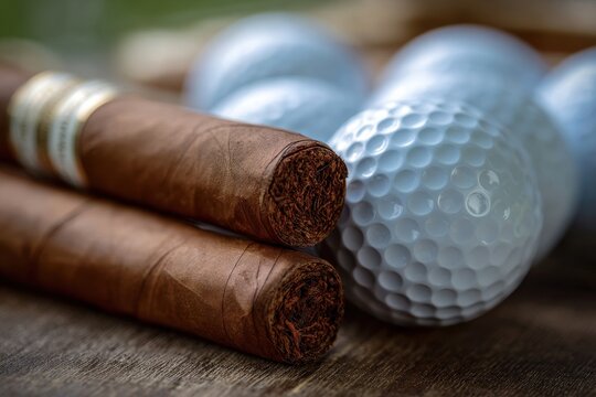 Cigars And Golf. Detail of Cuban Cigars on Golf Balls for Elegant Desk Setup