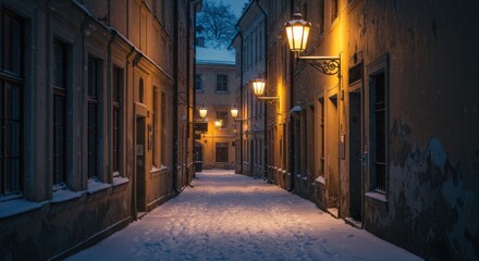 Obraz premium Narrow snow-covered alleyway illuminated by vintage street lamps. Buildings with peeling paint line the sides, creating a cozy winter atmosphere.