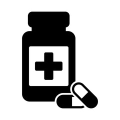 Obraz premium Medicine Bottle and Pills Icon – Pharmacy, Healthcare, and Medical Treatment Symbol, Vector Illustration