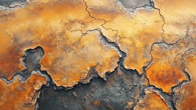 Close up of rusty metal texture with cracks and peeling paint.