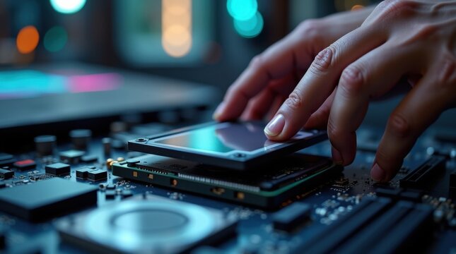 Manos colocando SSD en la ranura de la placa base