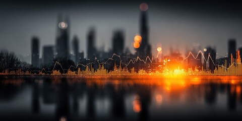 Double exposure image of a business stock chart overlaid with a city view