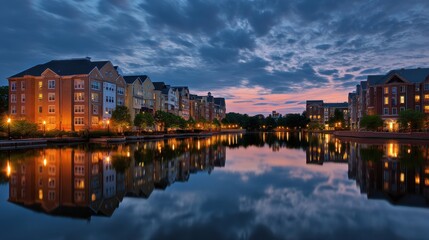 Fototapeta premium Columbia Maryland. Beautiful Evening Reflections at Wilde Lake with Blue Clouds and Colorful Cityscape