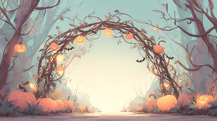 Kawaii Archway Formed By Vines With Small Pumpkins And Bats Hanging