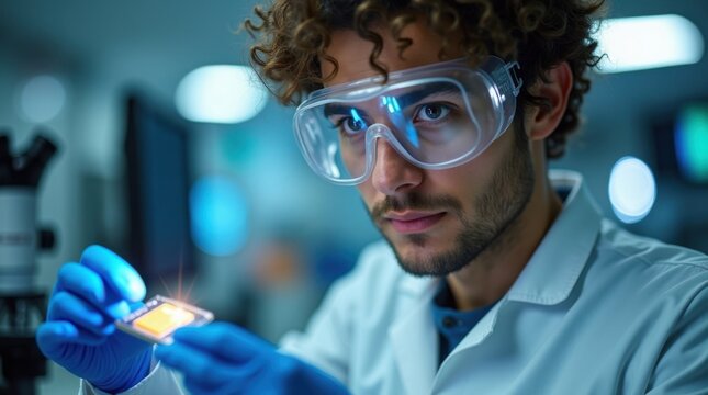 Un cient&iacute;fico con expresi&oacute;n concentrada y ojos marrones, vestido con una bata blanca y guantes azules, inspecciona cuidadosamente un chip de microprocesador
