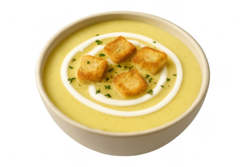 Creamy yellow soup with croutons and parsley