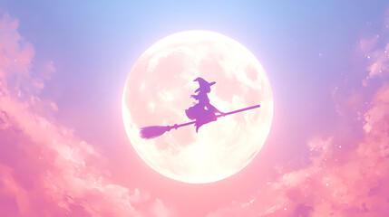 Kawaii Witch Riding Broom Flying Past Giant Full Moon Silhouette