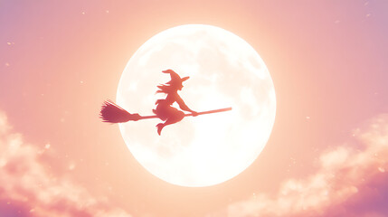 Kawaii Witch Riding Broom Flying Past Giant Full Moon Silhouette