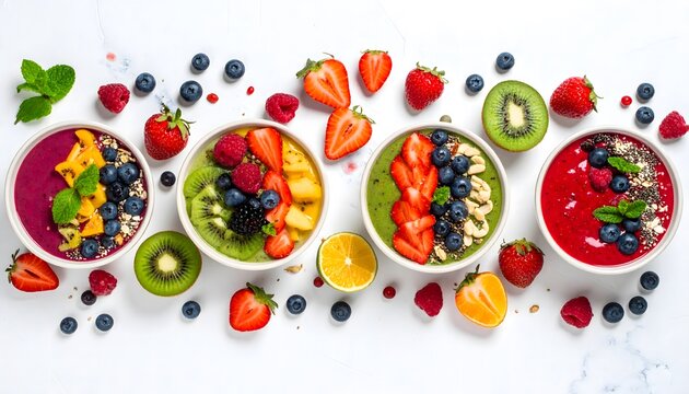 A vibrant assortment of colorful smoothie bowls, topped with fresh fruits and superfoods. A healthy, vegan breakfast flat lay. Perfect for wellness concepts. - Powered by Adobe