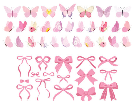 Simple hand drawn pink ribbon bow collection. Butterfly set. Bowknot for decoration, big set of pinky bowtie. Large retro hand drawn ribbon illustration set. Set of various cartoon bow knots