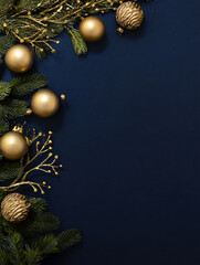 A glamorous christmas background with a dark blue background and golden decorations for the holidays, with space for text. Festive dark background for Christmas, vertical banner, copy space