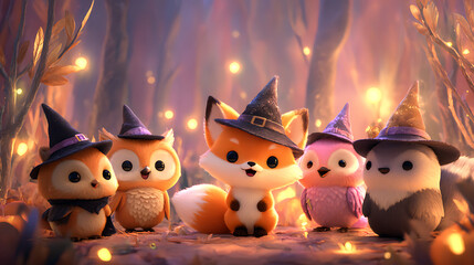 Cute Small Animals Wearing Mini Halloween Hats Having A Forest Party