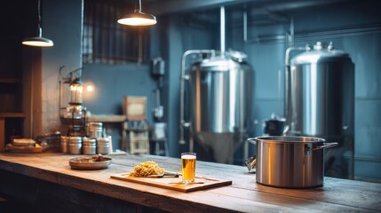 A cozy brewing setup featuring a glass of beer, a pot, and grains on a wooden table, with brewing equipment visible in the background.