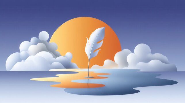 A serene landscape featuring a stylized feather emerging from calm waters, with a vibrant sunset and soft clouds in the background, conveying tranquility and creativity.