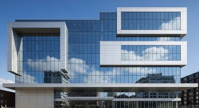 Modern commercial building facade with reflective glass and geometric design architecture