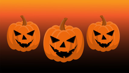 Three Halloween pumpkins with scary smiling faces on an orange to black gradient background create a mysterious atmosphere.