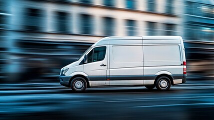 Obraz premium Cargo van navigating busy city streets during daytime deliveries showcasing efficient logistics.