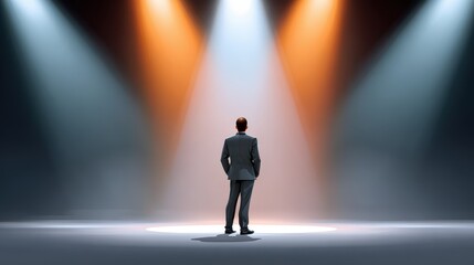 Fototapeta premium A man in a suit stands under spotlight beams, symbolizing focus, opportunity, and the spotlight of public attention.