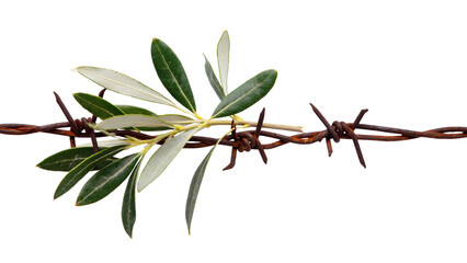 Olive Branch Entwined with Rusty Barbed Wire on White – Symbol of Peace and Conflict

Minimalist Still Life of Olive Sprig and Barbed Wire – Nature Versus Hardship Concept