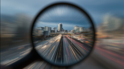 City highway traffic light trails captured through magnifying glass with zoom effect creating dynamic urban motion blur