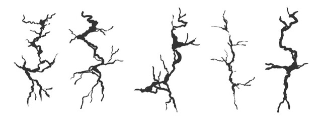 Crack wall, ground texture breaks on land surface. Ground fissure line sketch set. Crash fracture, land damage, earthquake