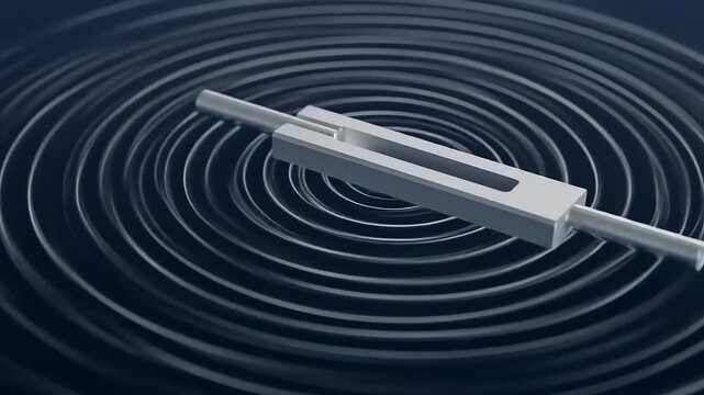 Tuning Fork Vibrating on a Dark Background with Concentric Circles.