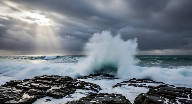 Dramatic ocean wave crashing on rocky shoreline under moody skies
