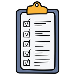 Hand-drawn cartoon clipboard with checklist on a white background.