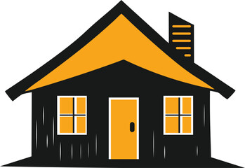 Stylized black house with orange roof and door isolated on white background isolated on transparent background silhouette