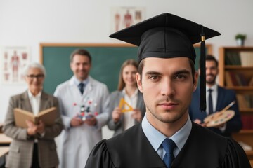 Young caucasian male graduate in cap and gown with diverse professionals in background.