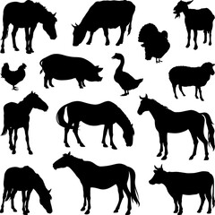 set of farm animal silhouettes on white background